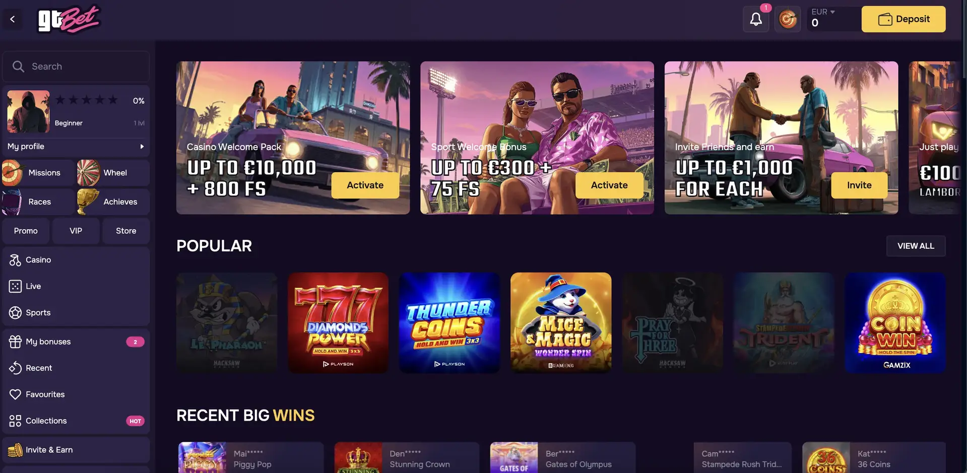 Hoofdpagina van GTBet Casino